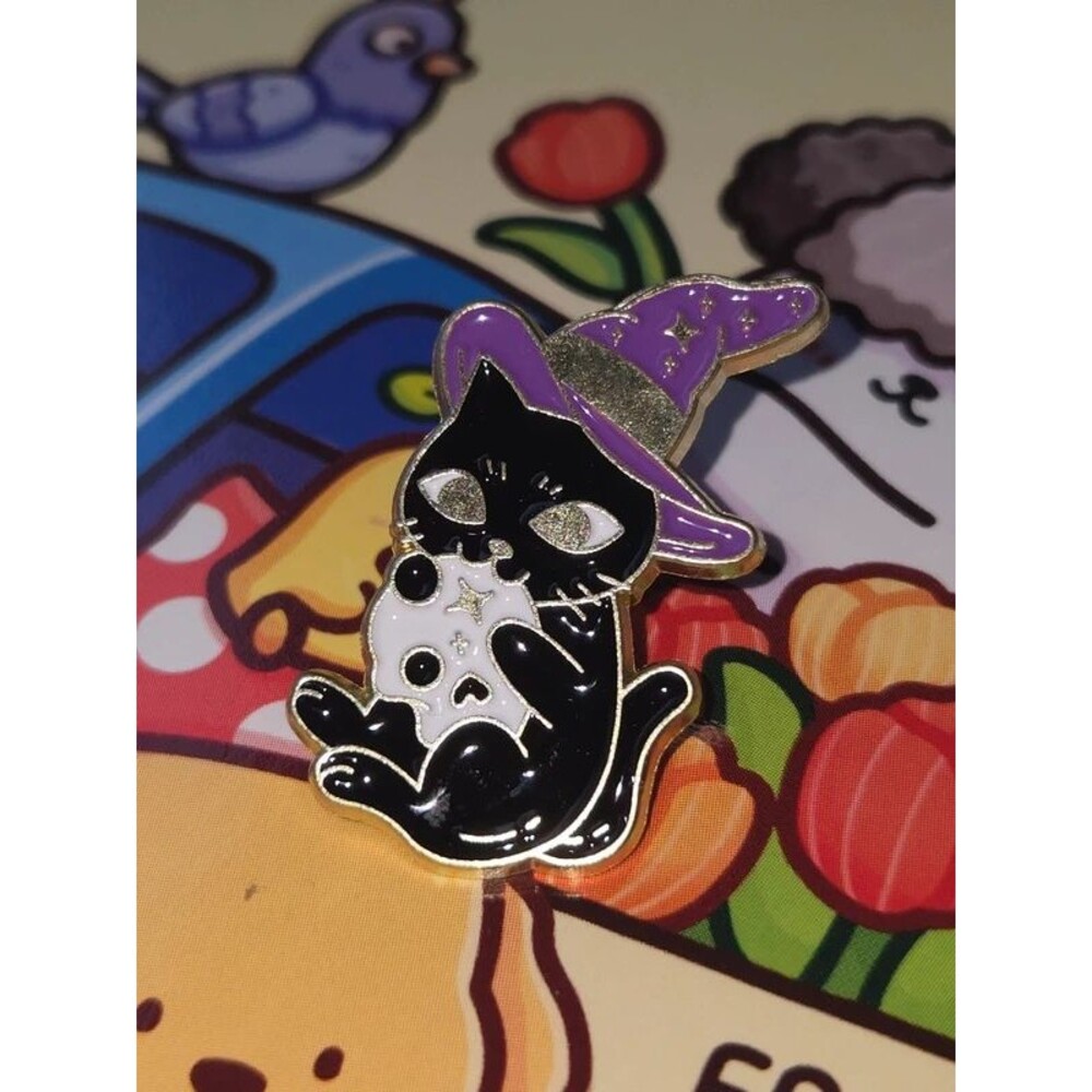 Black cat purple witch enamel pin women's accents